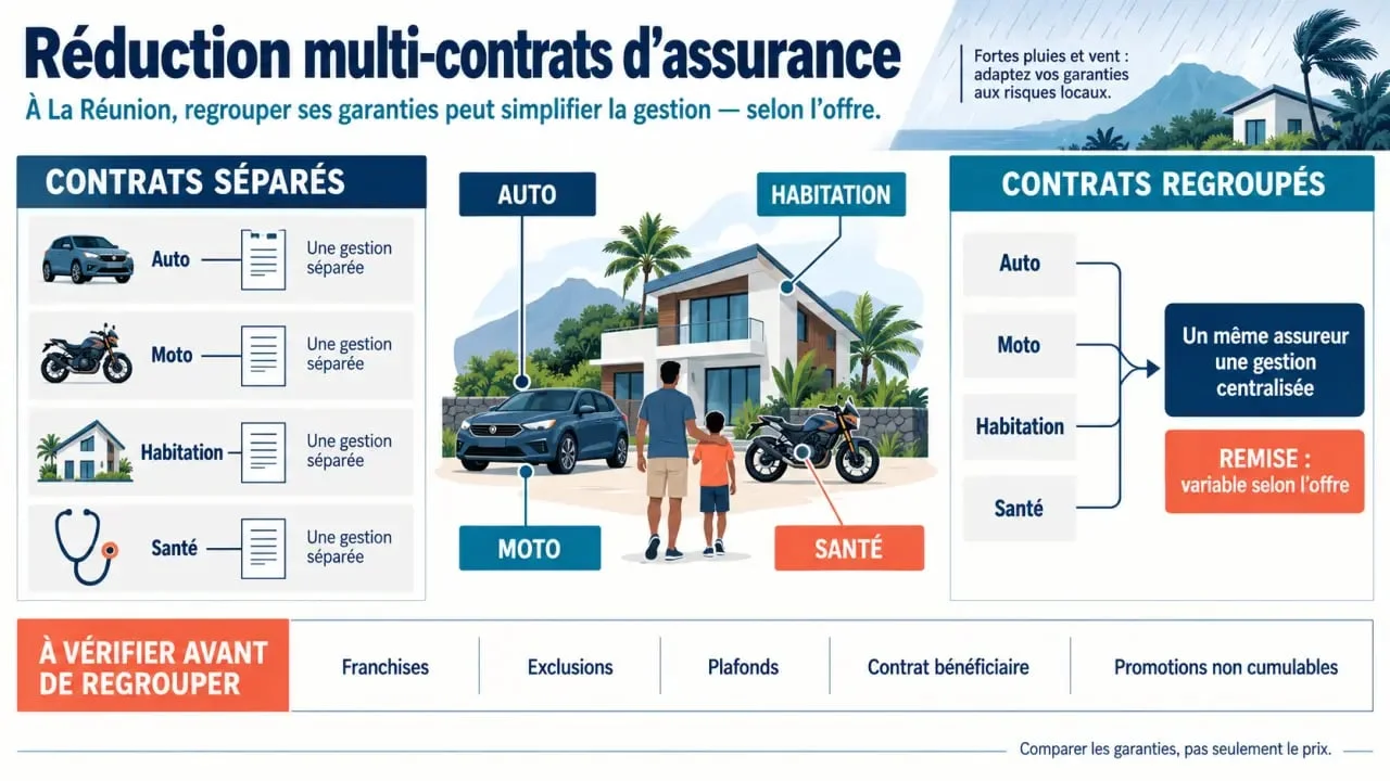 Infographie sur la réduction multi-contrats assurance à La Réunion et les conditions à vérifier