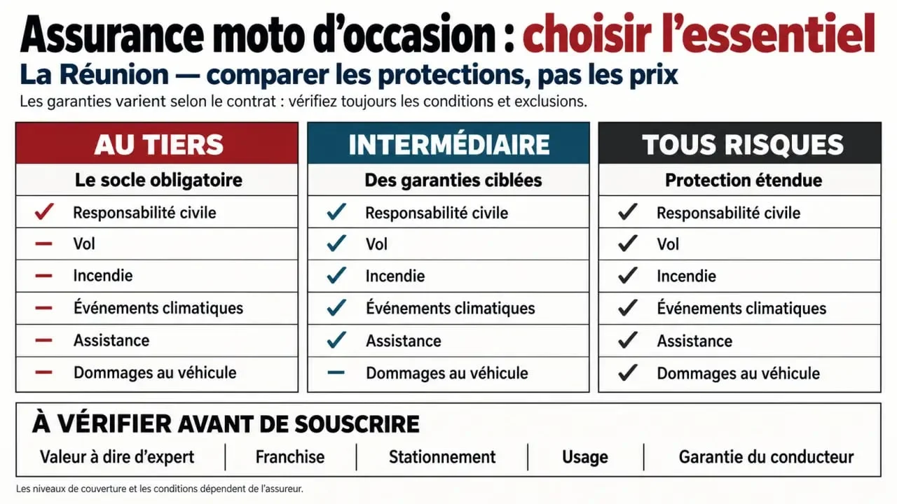 Infographie sur l'assurance moto d'occasion pas chère à La Réunion et les garanties au tiers, intermédiaire et tous risques