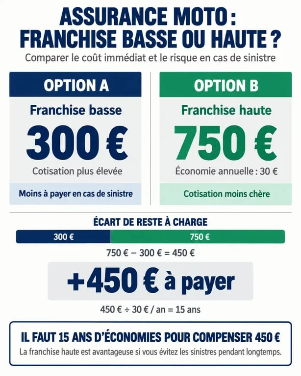 Infographie augmenter sa franchise pour payer moins cher moto : comparaison entre franchise basse et franchise haute