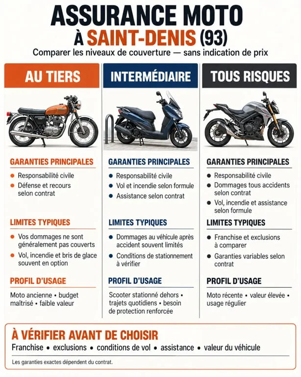 Assurance moto pas chère Saint-Denis : comparaison des formules au tiers, intermédiaire et tous risques