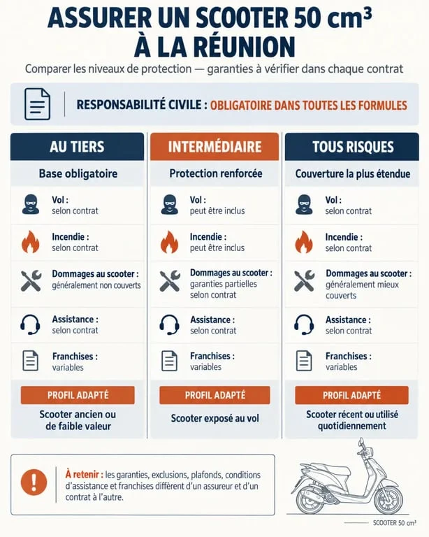 Infographie comparative sur l’assurance scooter 50 le moins cher à La Réunion selon les formules au tiers, intermédiaire et tous risques