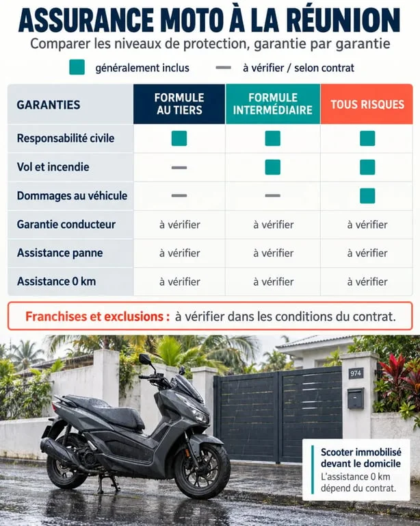 Infographie sur l’assurance moto pas chère avec assistance Réunion et les garanties au tiers, intermédiaire et tous risques
