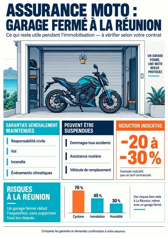Assurance moto garage fermé réduction Réunion : garanties maintenues et suspendues pendant l’hivernage
