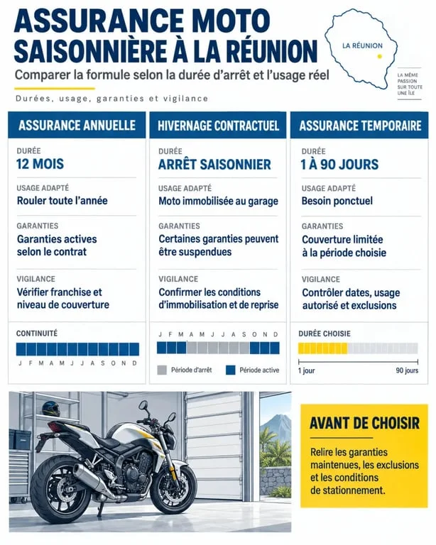 Infographie sur l’assurance moto saisonnière économique à La Réunion : hivernage, assurance annuelle et assurance temporaire