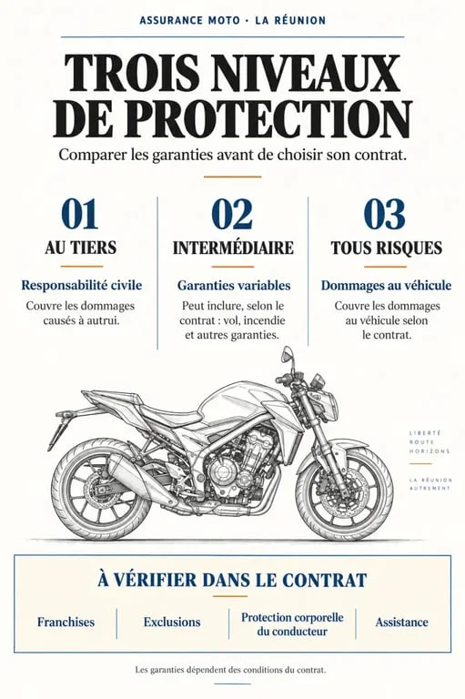 Assurance moto pas chère à La Réunion : comparaison visuelle des formules au tiers, intermédiaire et tous risques