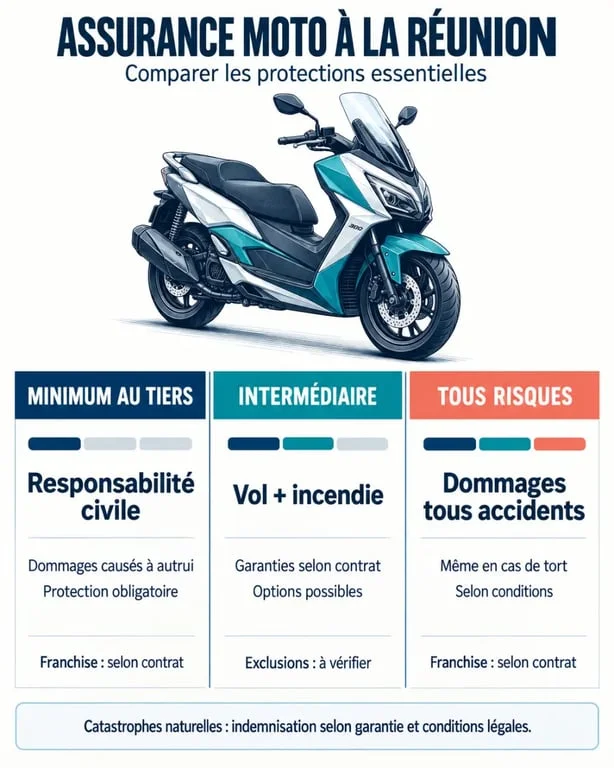 Assurance moto formule minimum Réunion : comparaison des garanties au tiers, intermédiaire et tous risques