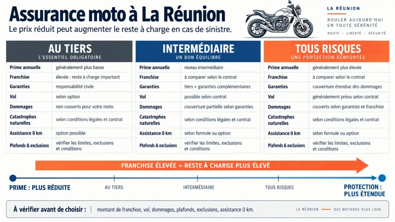Infographie sur l’assurance moto franchise élevée prix réduit à La Réunion et les formules au tiers, intermédiaire et tous risques