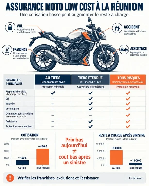 Infographie sur l'assurance moto low cost à La Réunion et les niveaux de garanties