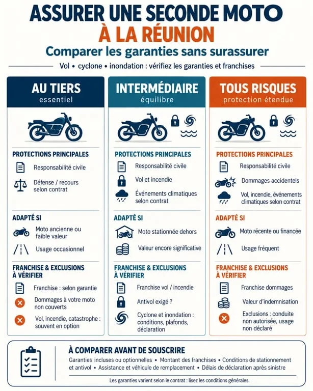Infographie sur l’assurance moto seconde moto pas chère à La Réunion et le choix des garanties