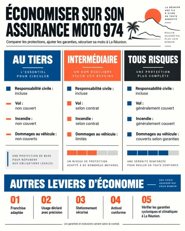 Infographie pour économiser sur son assurance moto 974 : formules, franchise, stationnement et garanties climatiques