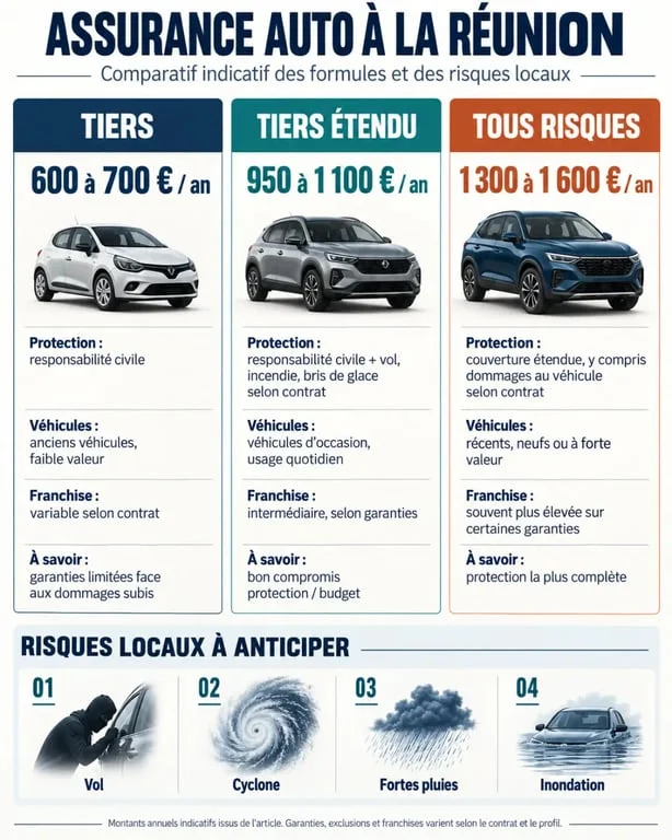 Infographie tiers ou tous risques le moins cher Réunion : prix et garanties comparés